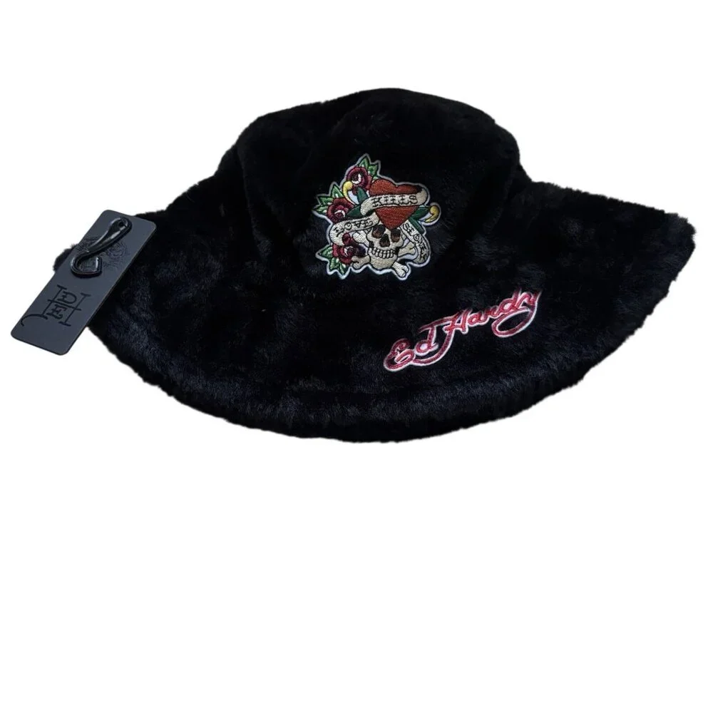 Ed Hardy O/S Black Y2K 90s Grunge Skull Tattoo Love Faux Fur Bucket Hat NWT